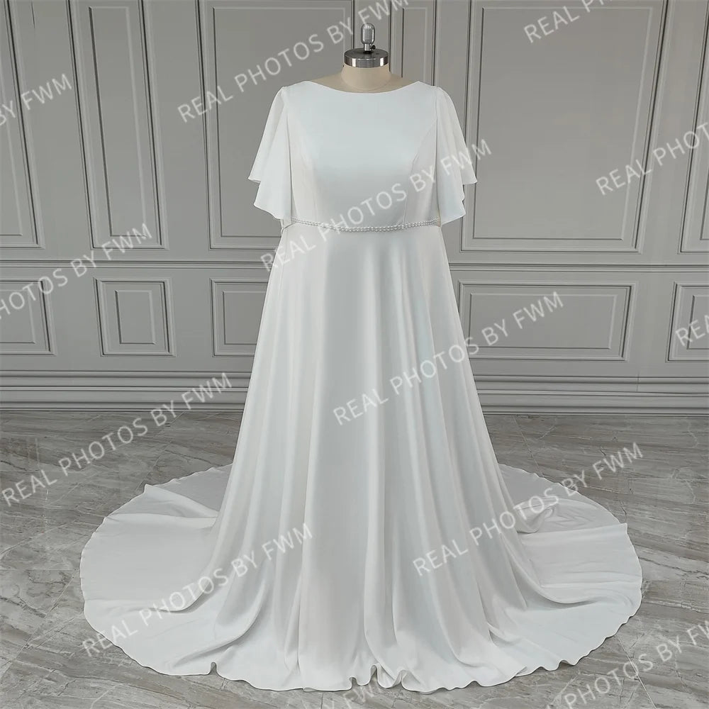 10195# Real Photos Simple Boat Neck Ruffles Sleeves A-line Wedding Dress Sweep Train Bridal Gown for Women Vestido De Novia