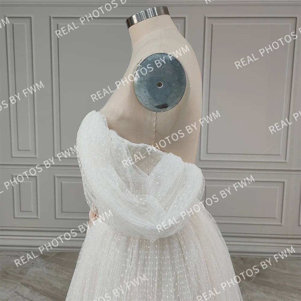 Real Photos Boho Off Shoulder Pleat Dots Lace Wedding Dress Low Back Tulle A-line Bride Gown for Women Elegant Bridal Dress