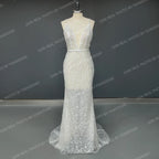 Real Photos Sexy Spaghetti Straps Deep V Neck Beading  Sequined Lace Wedding Dress Backless Mermaid Bridal Gown for Women