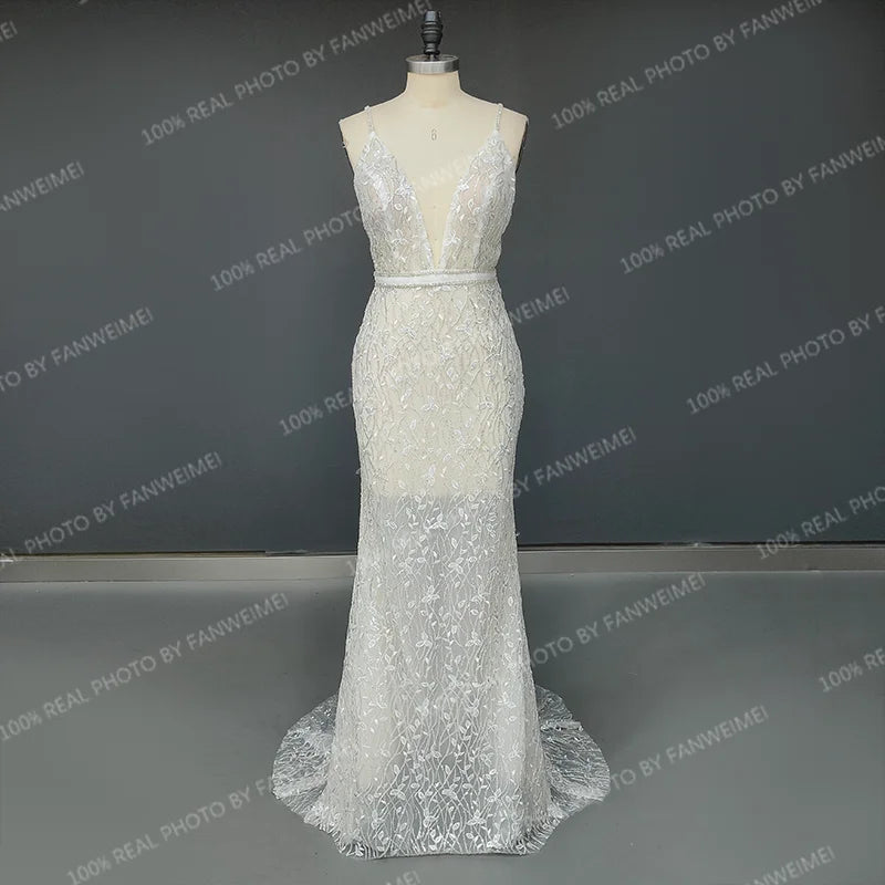 Real Photos Sexy Spaghetti Straps Deep V Neck Beading  Sequined Lace Wedding Dress Backless Mermaid Bridal Gown for Women