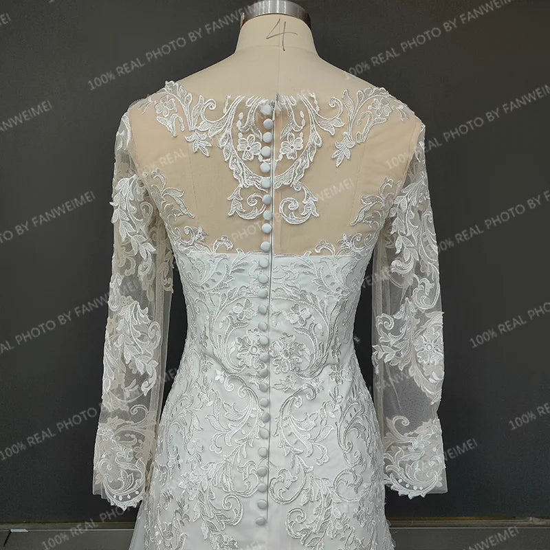 Real Photos Elegant Long Illusion Sleeves Appliques Lace Dress for Wedding Sweep Train Tulle Mermaid Women Bride Gown