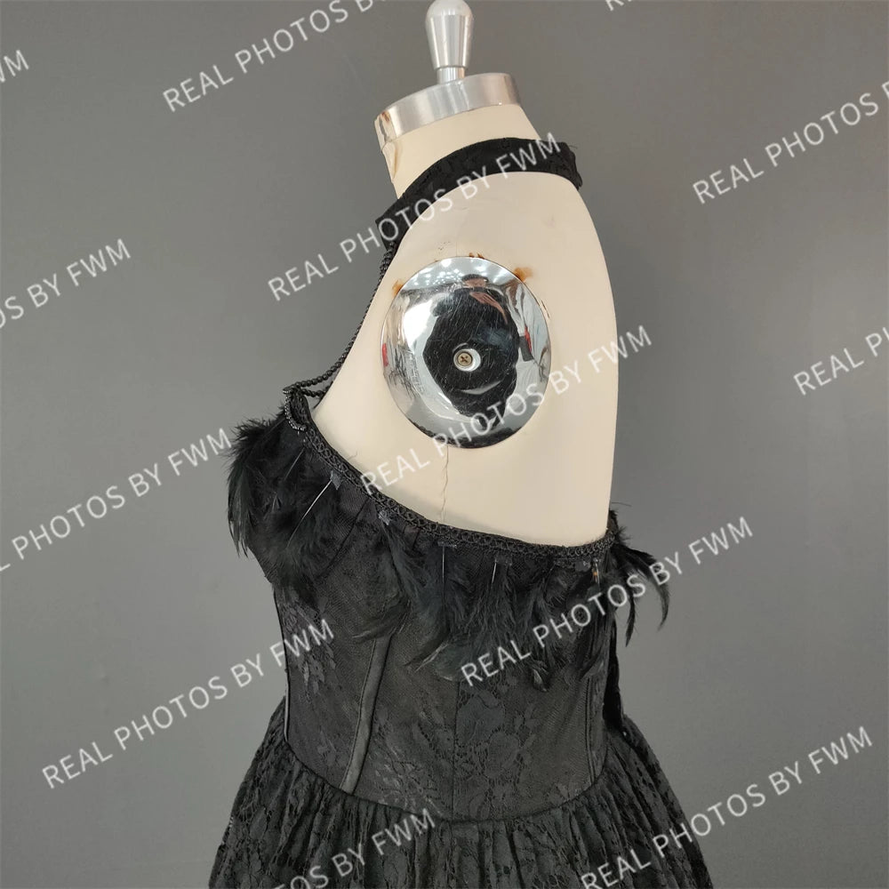 #15358 Real Photos High Quality Black Gothic A-line Feathers Lace Wedding Dress for Women Halter Neck Appliques Bridal Gowns