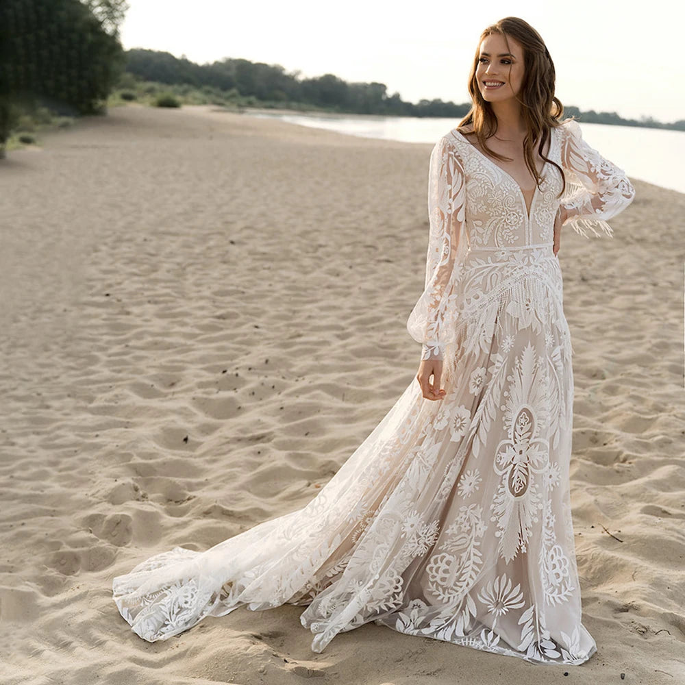 12582# Real Photos Bohemia Sweep Train V-Neck A-line Wedding Dress Appliques Lace Bridal Gown With Tassel Puffy Sleeves