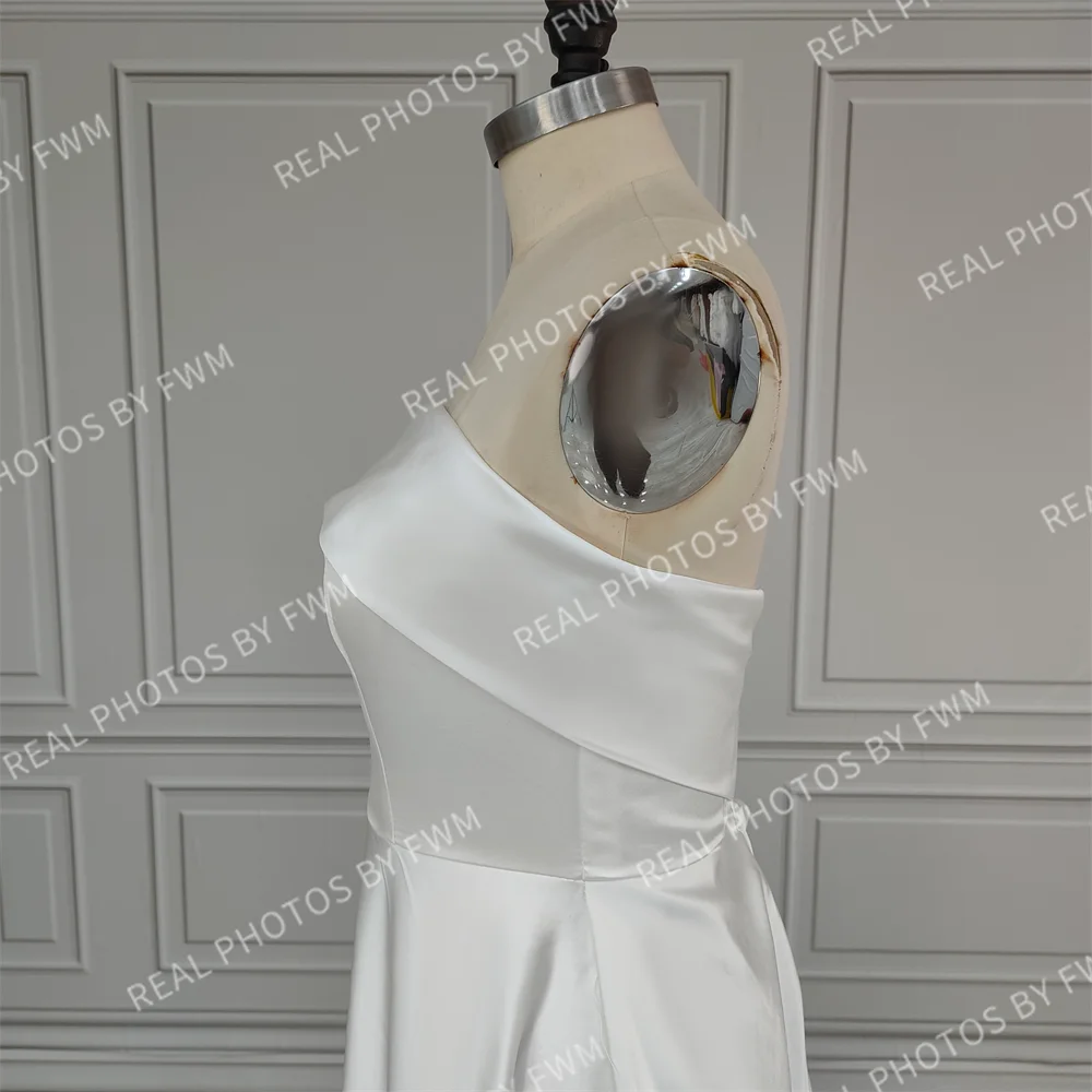 100% Real Photos Simple Sleeveless Strapless Satin Long Train A-line Wedding Dress Bridal Evening Prom Dress for Plus Size Women