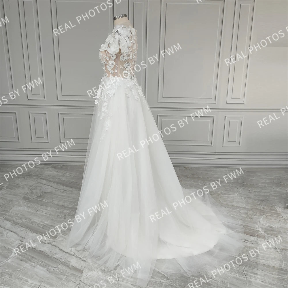 #8150 Real Photos Romantic 3D Flowers V-neck Sweep Train Backless A-line Lace Wedding Dress Bridal Gown for Women Custom Made