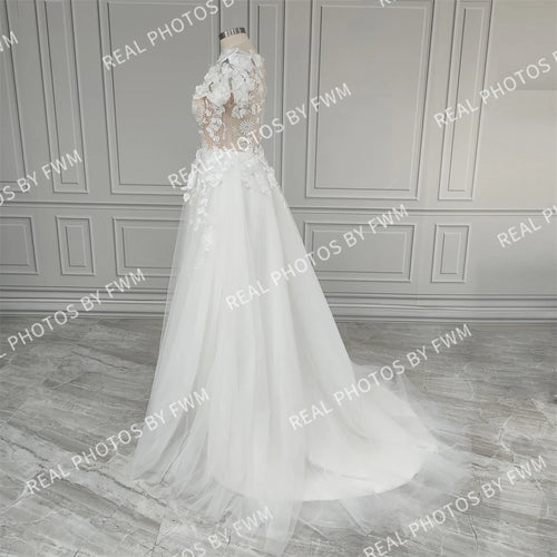 #8150 Real Photos Romantic 3D Flowers V-neck Sweep Train Backless A-line Lace Wedding Dress Bridal Gown for Women Custom Made