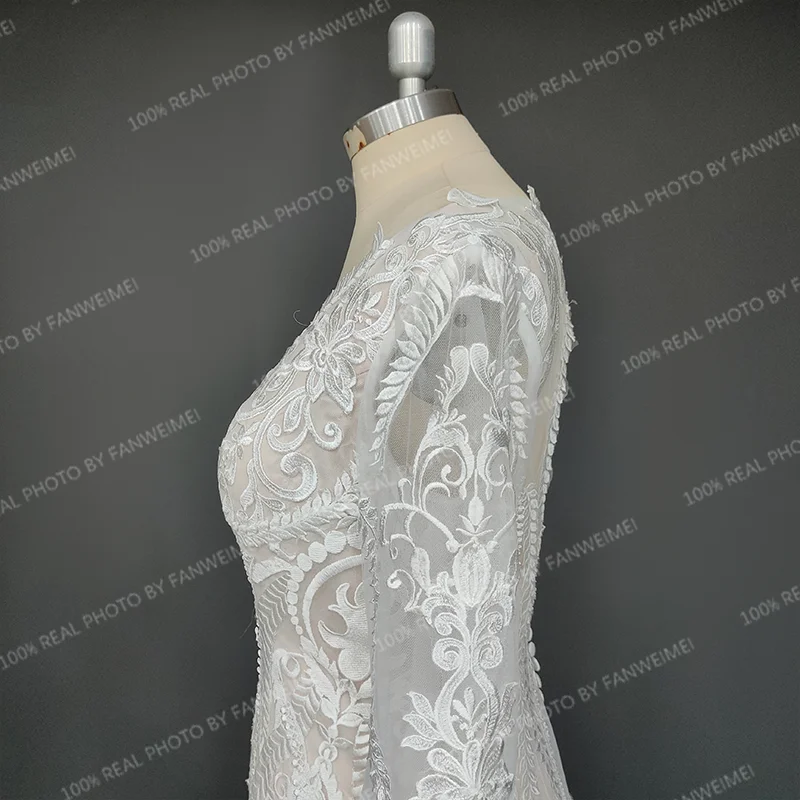 Real Photos Boho Flare Bell Sleeve Appliques Lace Wedding Dress V-Neck Backless Sweep Train Woman Bridal Gown for Wedding