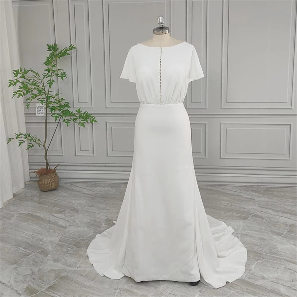 Real Photos High Quality Simple Boat Neck Soft Satin Wedding Dress Elegant Women Short Sleeve Bride Gown With Pearls Button
