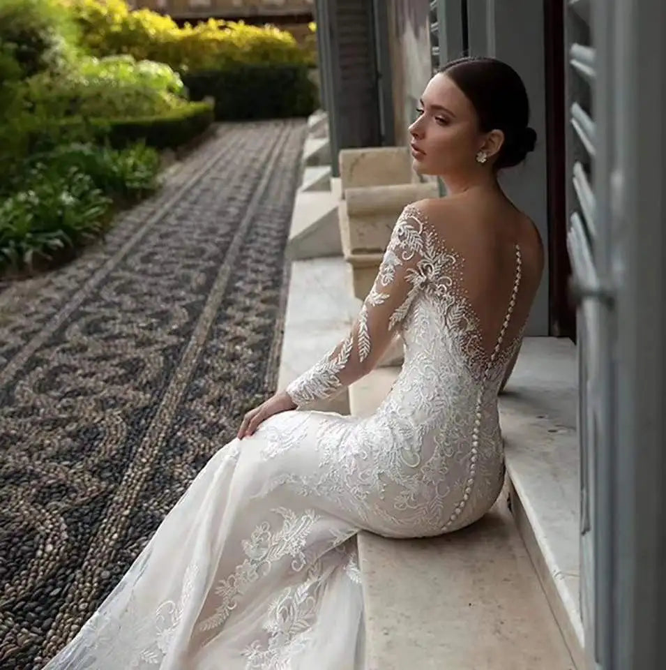 11527#100% Real Photos Mermaid Illusion V-Neck Lace Applique Long Sleeve Sweep Train Wedding Dress Wedding Gown Bridal Gown