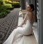 11527#100% Real Photos Mermaid Illusion V-Neck Lace Applique Long Sleeve Sweep Train Wedding Dress Wedding Gown Bridal Gown