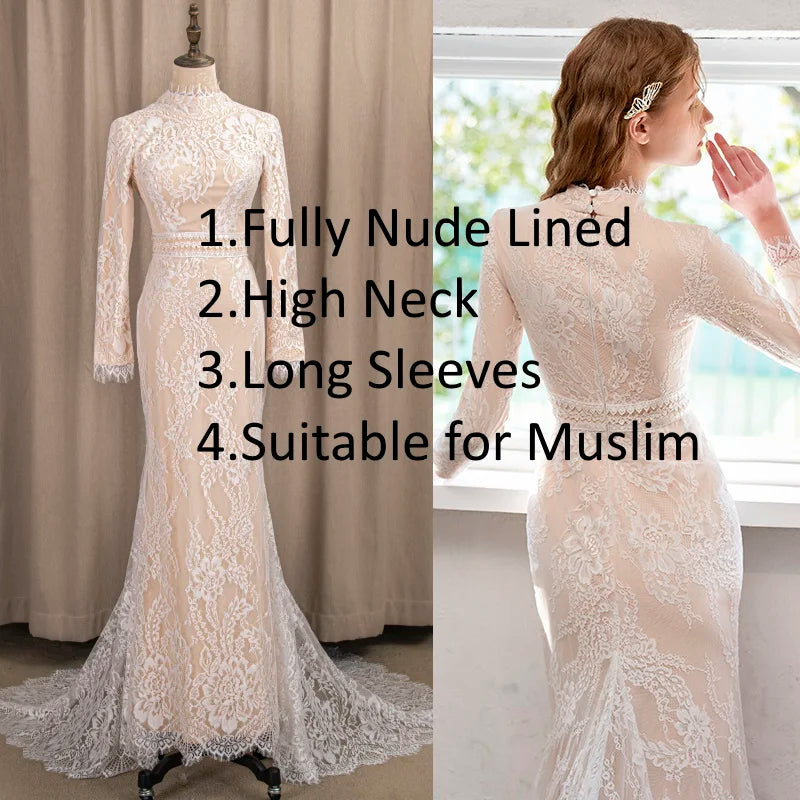 4198#  Real Photos Sweep Train  Arabic Spring Mermaid Online Long Sleeves Lace Champagne Wedding Gowns Bride Dresses