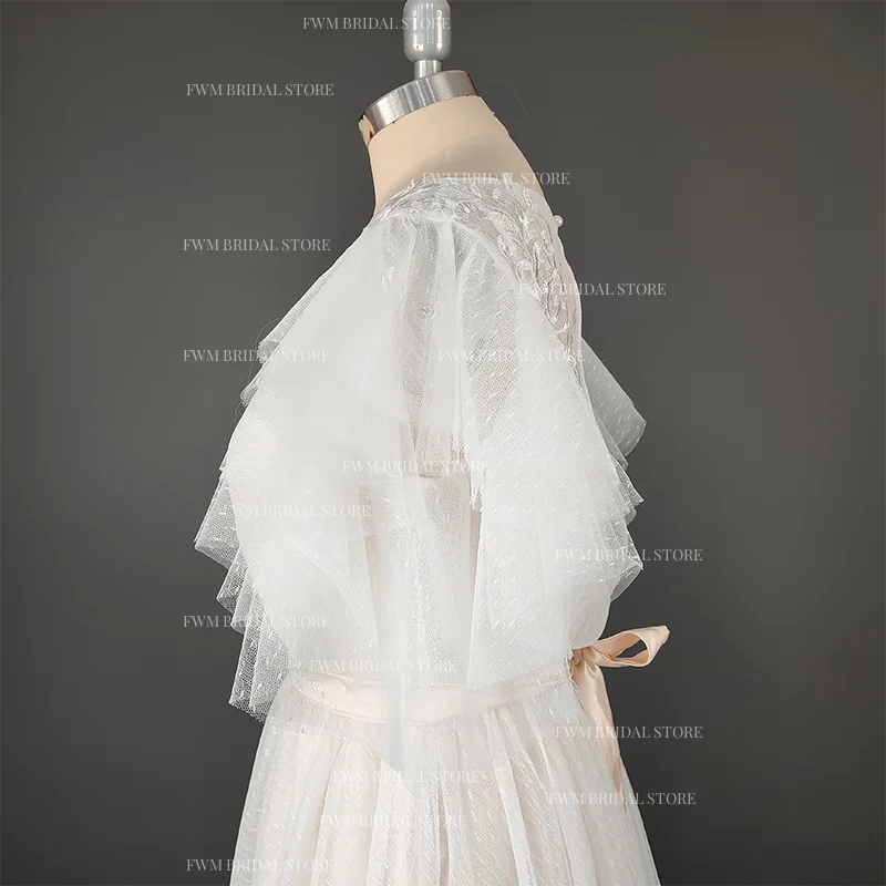 11676# Real Photos Short Sleeve Tulle Lace Sweep Train Dot Mesh Open Back Bohemian Beach Wedding Dress Wedding Gown Bridal Gown