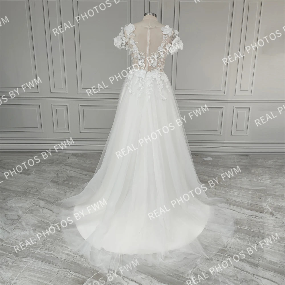 #8150 Real Photos Romantic 3D Flowers V-neck Sweep Train Backless A-line Lace Wedding Dress Bridal Gown for Women Custom Made