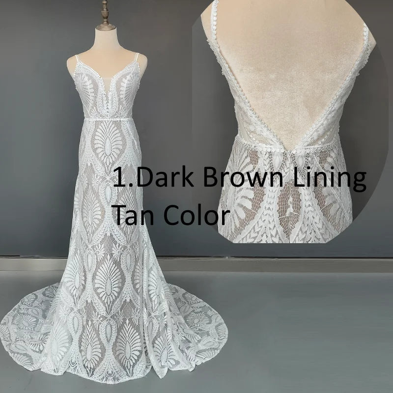 10864#Real Photos Spaghetti Straps Sleeveless V-Neck Open Back Sweep Train Lace Bohemian Boho Wedding Dress Wedding Bridal Gown