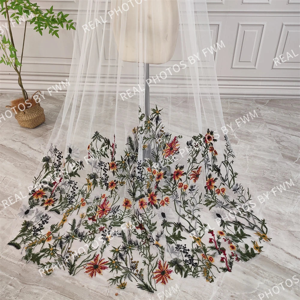 Real Photos High Quality One Layer Embroidered Flowers Lace Bridal Veil 200CM Long Wedding Veil Accessories for Wedding