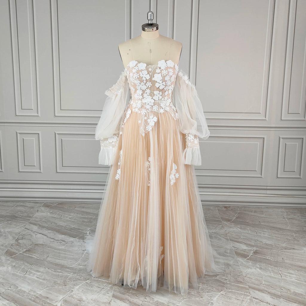 #2220 Real Photos Boho Detachable Puffy Sleeves Appliques Lace Strapless Wedding Dress for Women Pleated Tulle  Bridal Gown