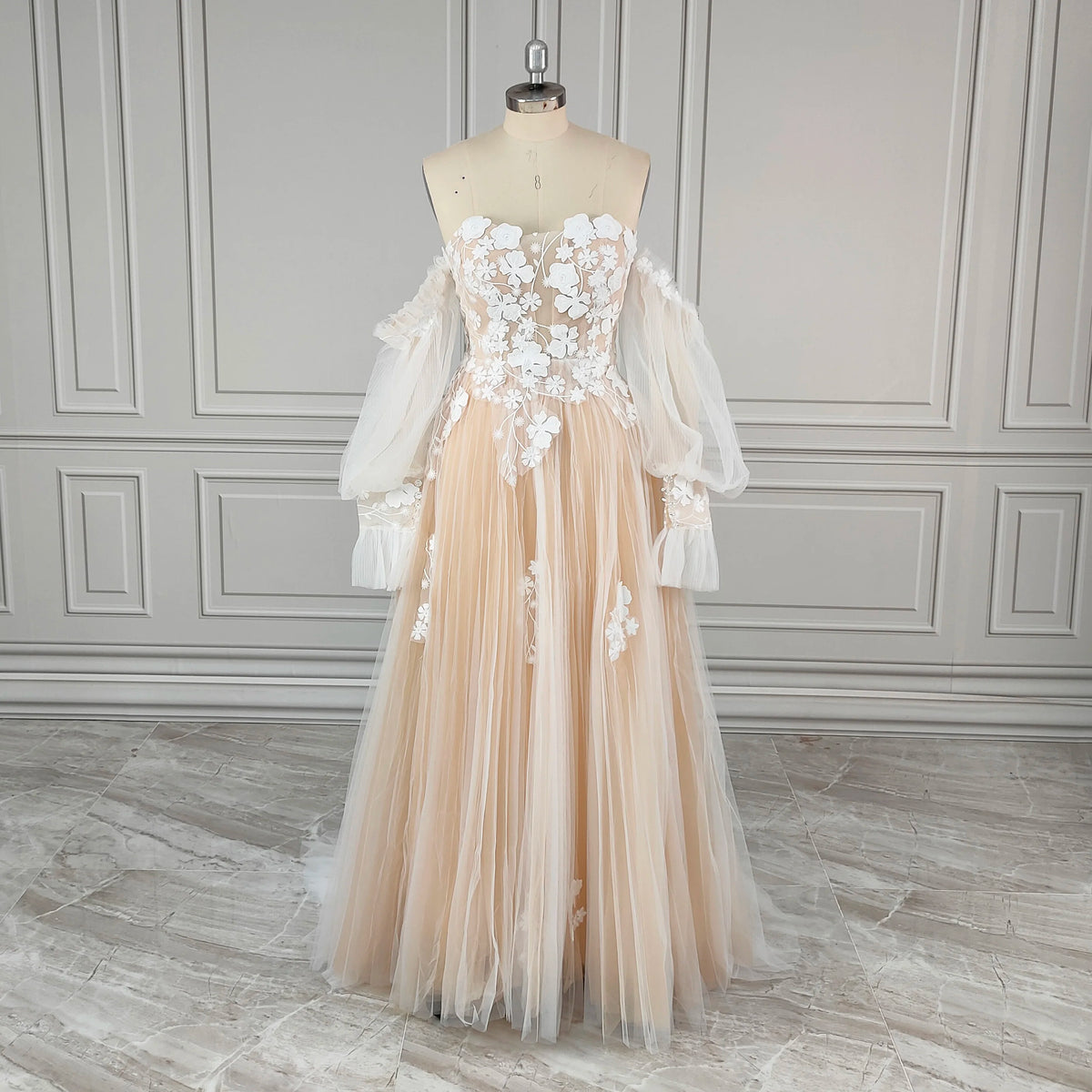 #2220 Real Photos Boho Detachable Puffy Sleeves Appliques Lace Strapless Wedding Dress for Women Pleated Tulle  Bridal Gown