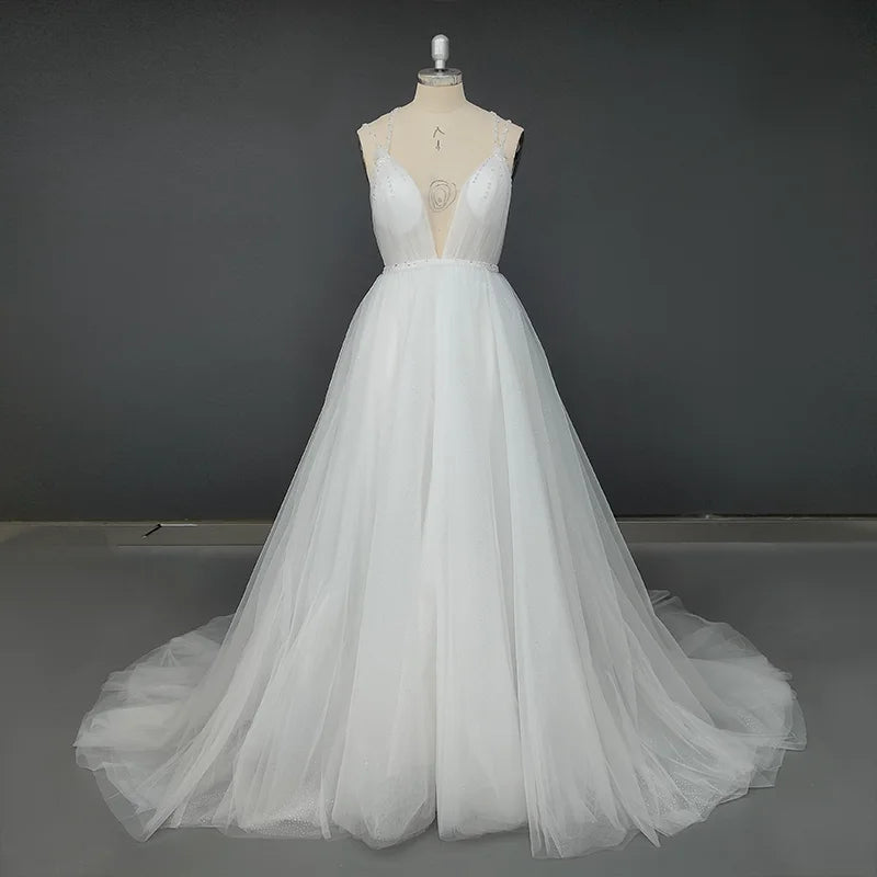Real Photos Simple Beading Spaghetti Straps Lace Wedding Dress Boho Tulle A-Line Backless V-Neck Bridal Gown for Women