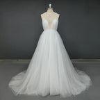 Real Photos Simple Beading Spaghetti Straps Lace Wedding Dress Boho Tulle A-Line Backless V-Neck Bridal Gown for Women