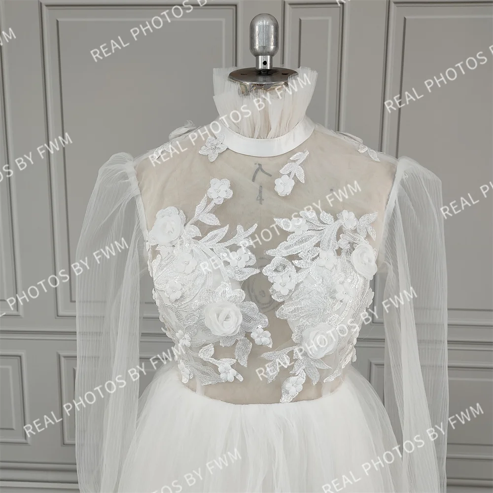 10707# Real Photos High Neck Sexy Long Sleeve A-Line Mini Tulle Boho Open Back Lace Applique Wedding Dress Wedding Bridal Gown