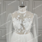 10707# Real Photos High Neck Sexy Long Sleeve A-Line Mini Tulle Boho Open Back Lace Applique Wedding Dress Wedding Bridal Gown