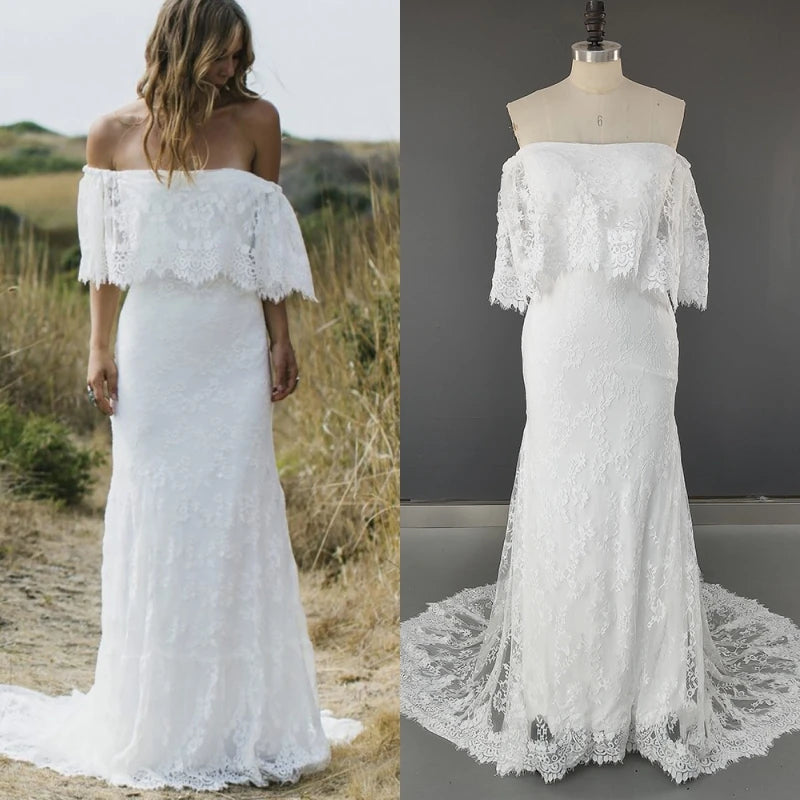 10560# Real Photos Simple Bohemia Low Back  Appliques Lace Sheath Wedding Dress Bridal Gown Party Evening Dress for Women