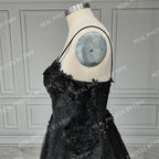 Real Photos Gothic Black Tulle A-line Spaghetti Straps Wedding Dress 3D Flower Sequined Bridal Gown Evening Dress for Women15403