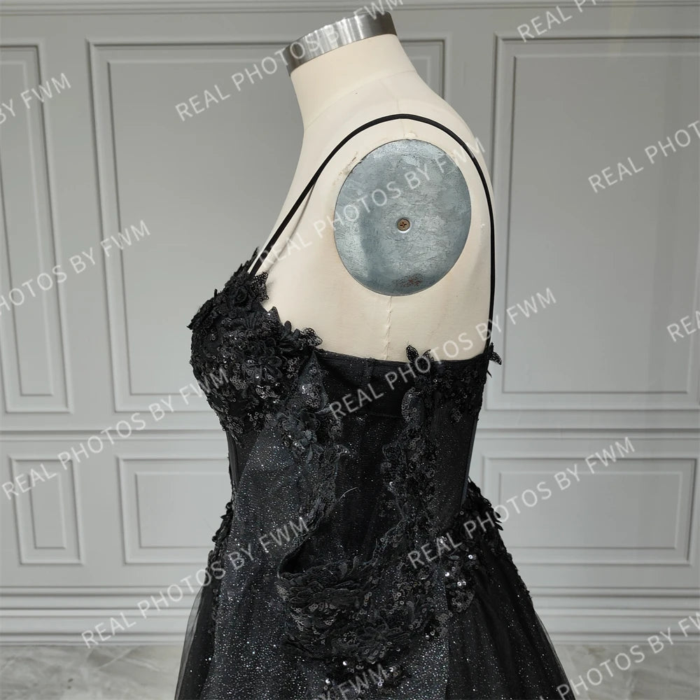 Real Photos Gothic Black Tulle A-line Spaghetti Straps Wedding Dress 3D Flower Sequined Bridal Gown Evening Dress for Women15403