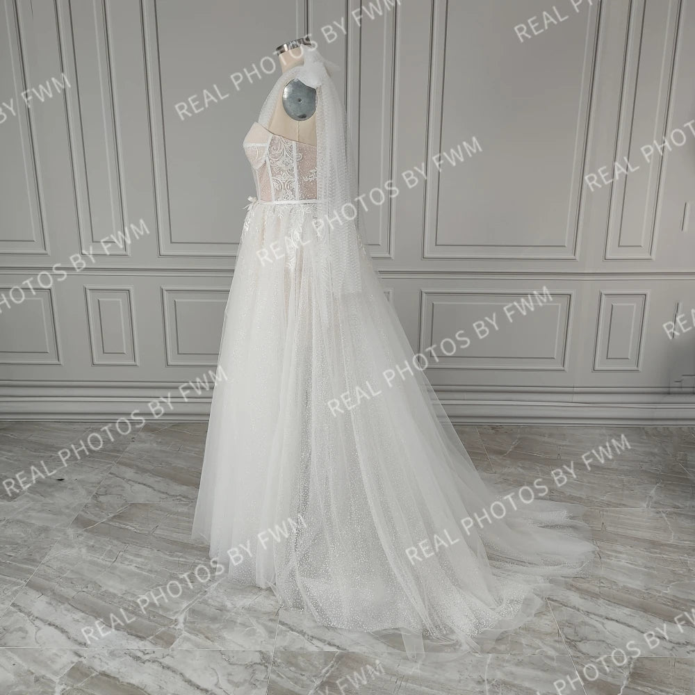 Real Photo High Quality Spaghetti Straps Backless Princess A-Line Lace Wedding Dress for Women Side Split Tulle Bridal Gown