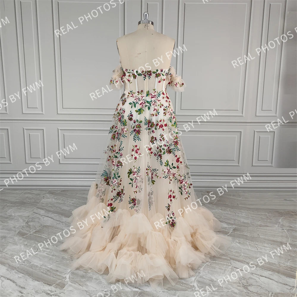 Real Photos Unique Off Shoulder Flower Appliques Lace Ruffles Tulle A-line Wedding Dress With Veil Bride Gown for Women 12970