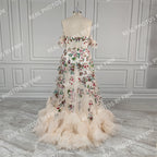Real Photos Unique Off Shoulder Flower Appliques Lace Ruffles Tulle A-line Wedding Dress With Veil Bride Gown for Women 12970