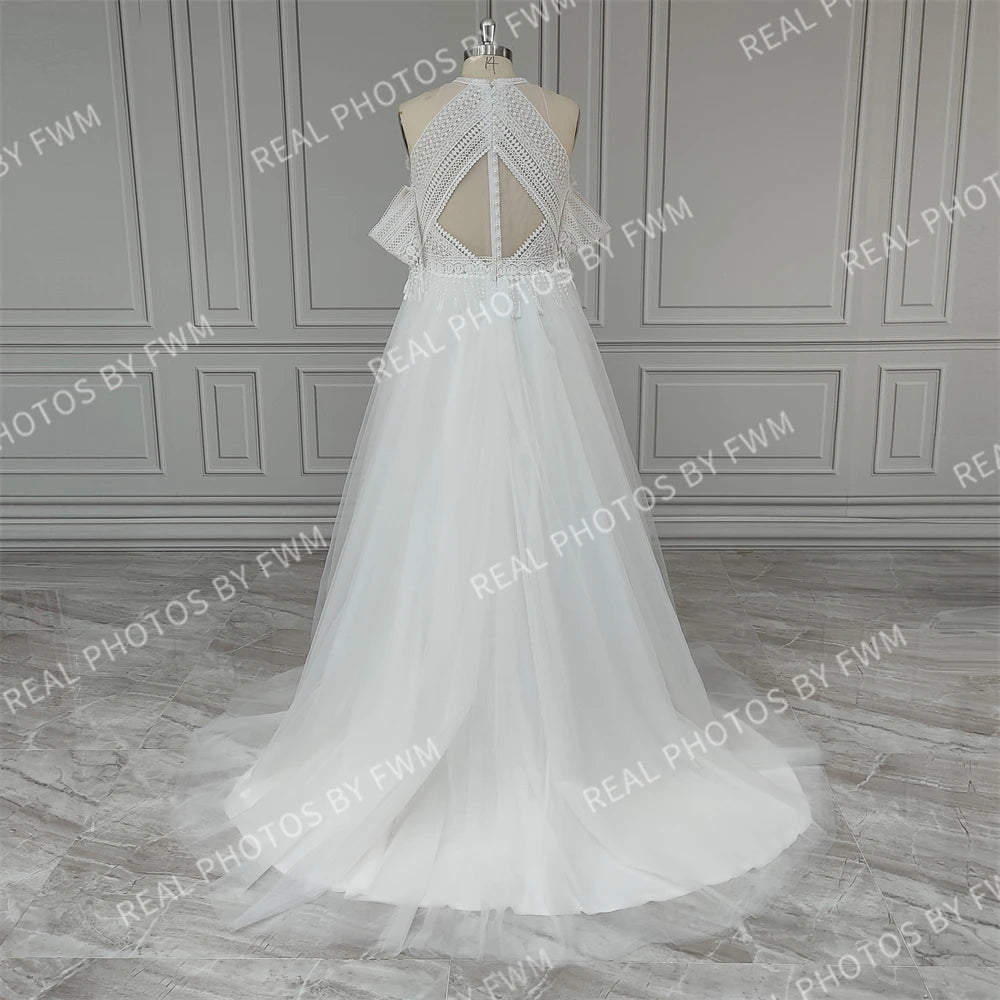 10743# Real Photos Boho Detachable Sleeves Appliques Lace Tassels A-line Wedding Dress Illusion Back Tulle Bride Gown for Women