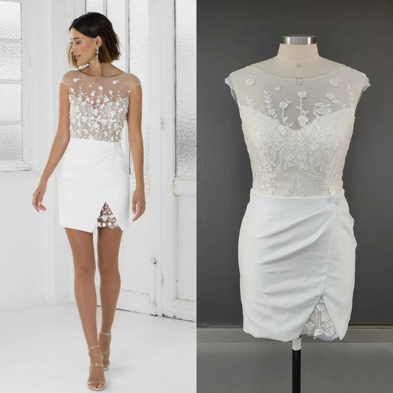 15189# Real Photos Illusion Appliques Lace Backless Mini Wedding Gown Birthday Party Dress for Women Prom Evening Dress
