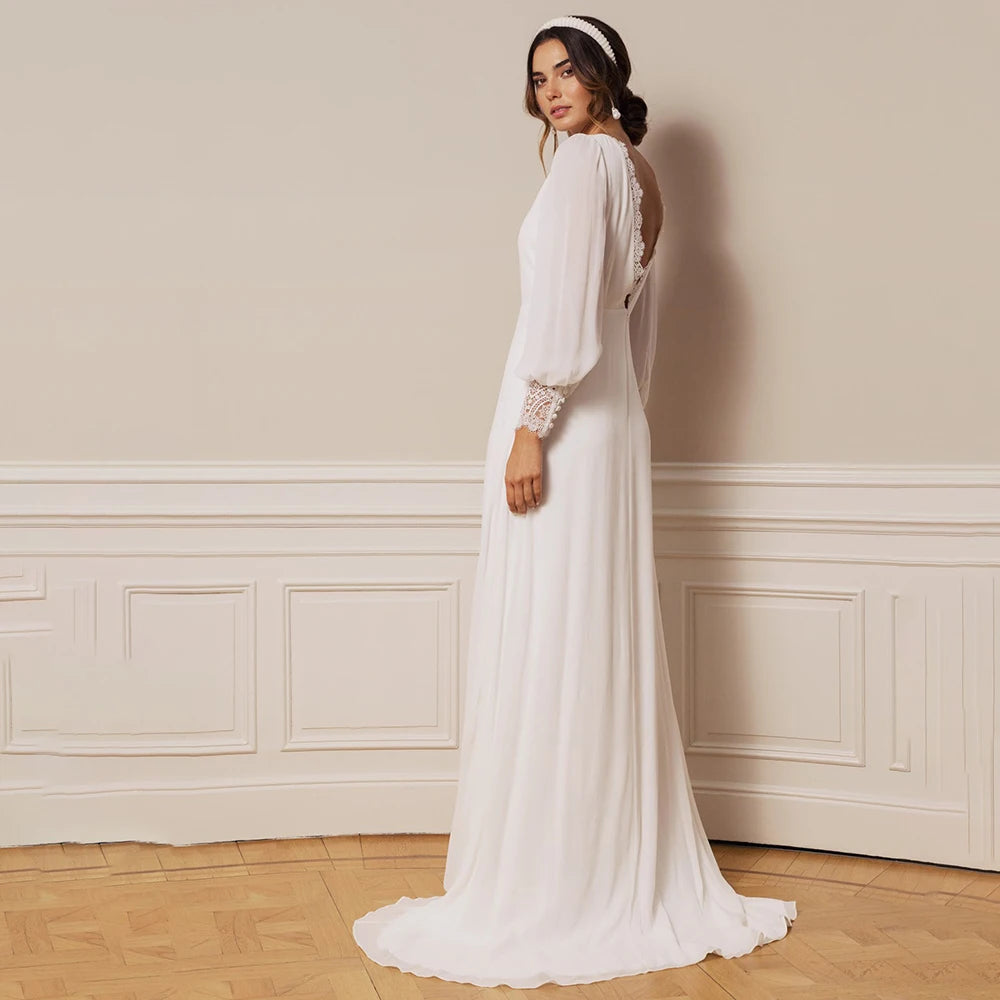 8468#Real Photos Simple Long Sleeves Chiffon Ruched Open Back Sweep Train Wedding Dress Wedding Bridal Gown