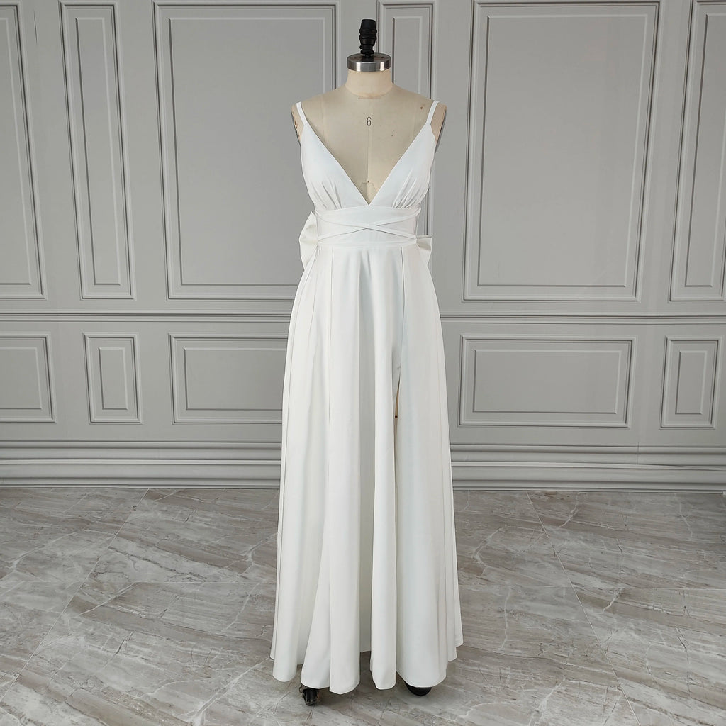 Real Photos Sexy High Split Soft Satin Wedding Bridal Gown Spaghetti Straps V Neck Backless Bow Bridal Dress Evening Dress