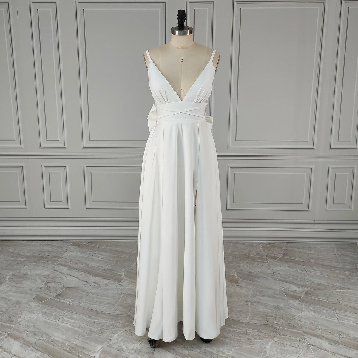 Real Photos Sexy High Split Soft Satin Wedding Bridal Gown Spaghetti Straps V Neck Backless Bow Bridal Dress Evening Dress