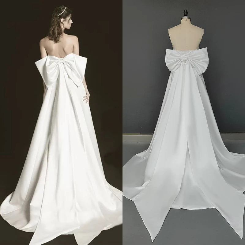 3422# Real Photos Elegant Sleeveless Backless Satin A-Line Bride Dress Satin Wedding Dress With Detachable Big Bow