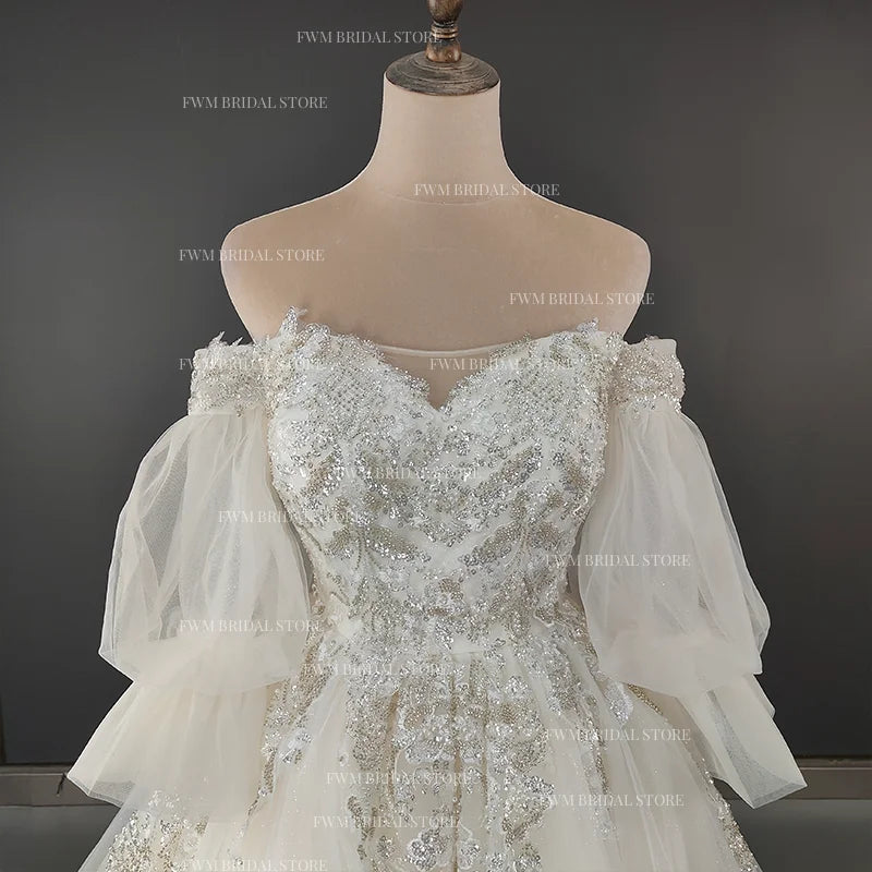 4300# Real Photos Off-Shoulder Elegant Sweetheart 3/4 Long Sleeve Lace Bridal Gowns Plus Size Wedding Gown Wedding Dress