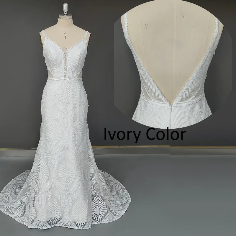 10864#Real Photos Spaghetti Straps Sleeveless V-Neck Open Back Sweep Train Lace Bohemian Boho Wedding Dress Wedding Bridal Gown