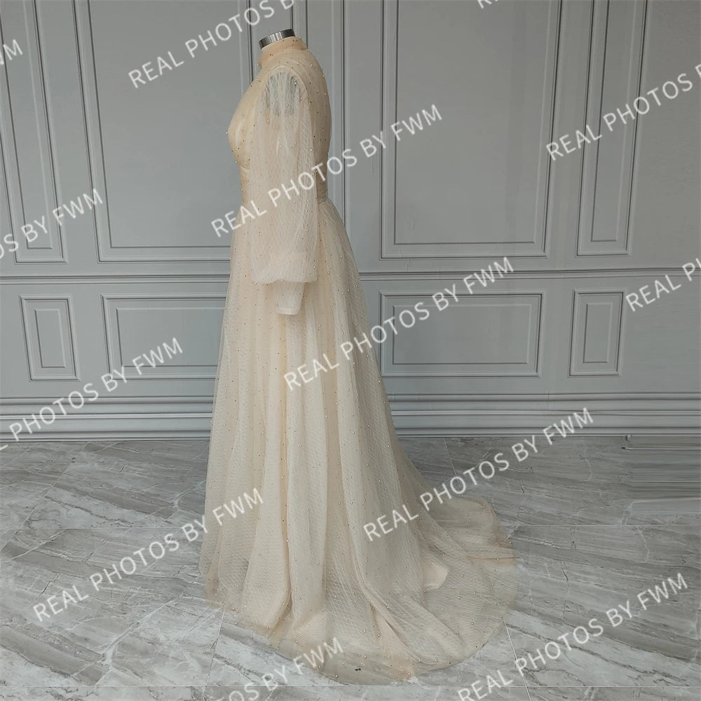 Real Photos Long Puffy Sleeves Side Slit A-line Beaded Pearls Tulle Evening Dress Women Prom Gown for Wedding Party