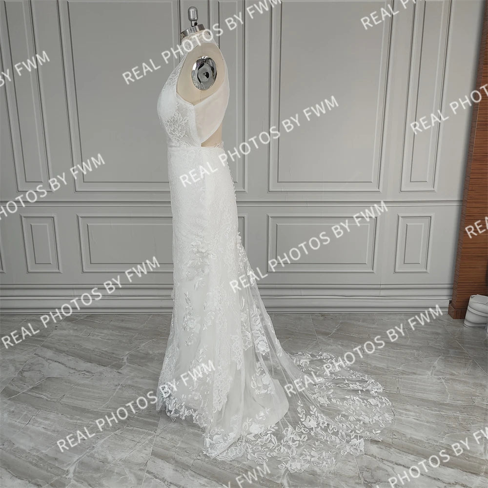 Real Phtos High Quality Beach Halter Backless Mermaid Lace Wedding Dress for Women Bridal Gown With Sweep Train  3279