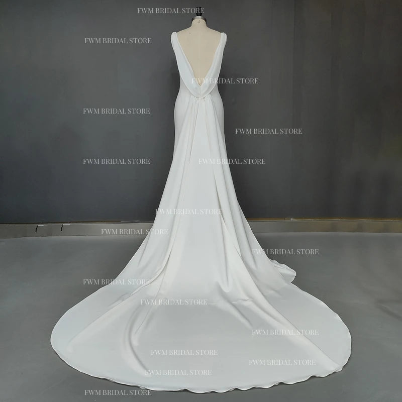 12553# Real Photos Simple Detachable Sweep Train V-neck Trumpet  Soft Satin Wedding Dres Bridal Gown Evening Dresses