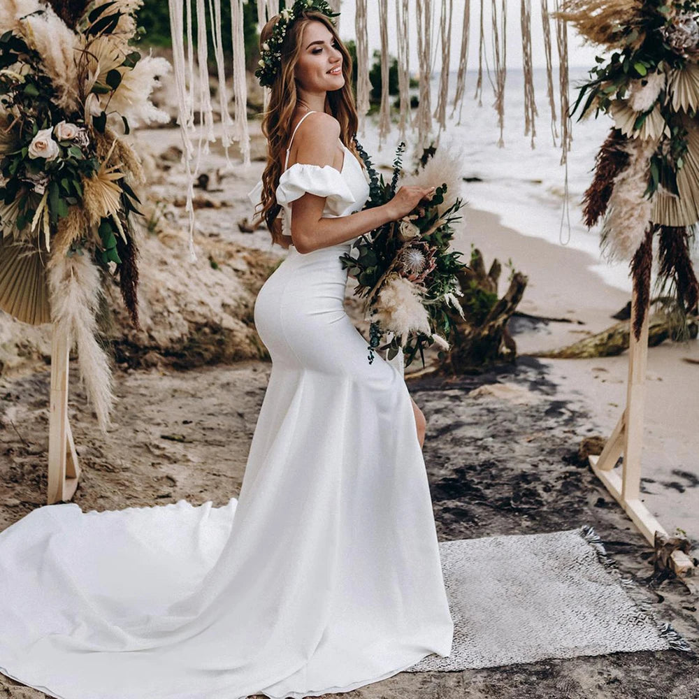10571#Real PhotosTwo Piece Lantern Sleeve Sexy V-Neck Open Back Sheath High Slit Sweep Train Wedding Dress Wedding Bridal Gown