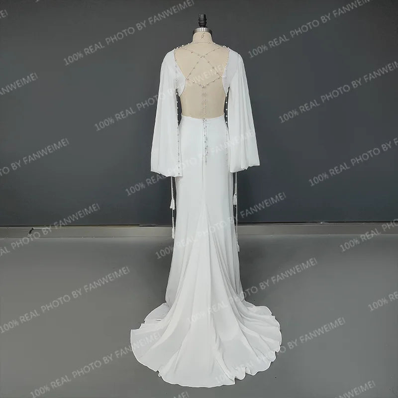 Real Photos Simple V-neck Backless Pearls Puffy Sleeves With Tassel Wedding Dress Sweep Train Mermaid Bridal Gown for Women