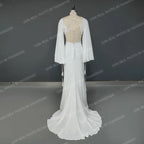 Real Photos Simple V-neck Backless Pearls Puffy Sleeves With Tassel Wedding Dress Sweep Train Mermaid Bridal Gown for Women