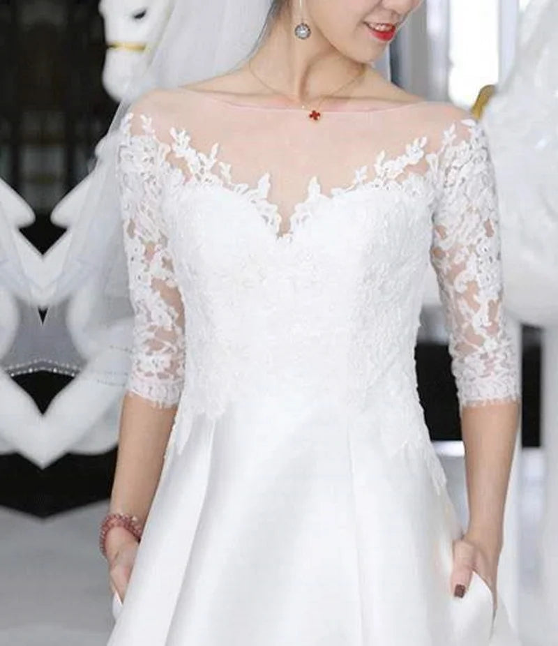#3143 Real Photos  Special Design 3/4 Long  Sleeve Lace Ivory Lace-up O-Neck Floor Length Bridal Gown Wedding Dress