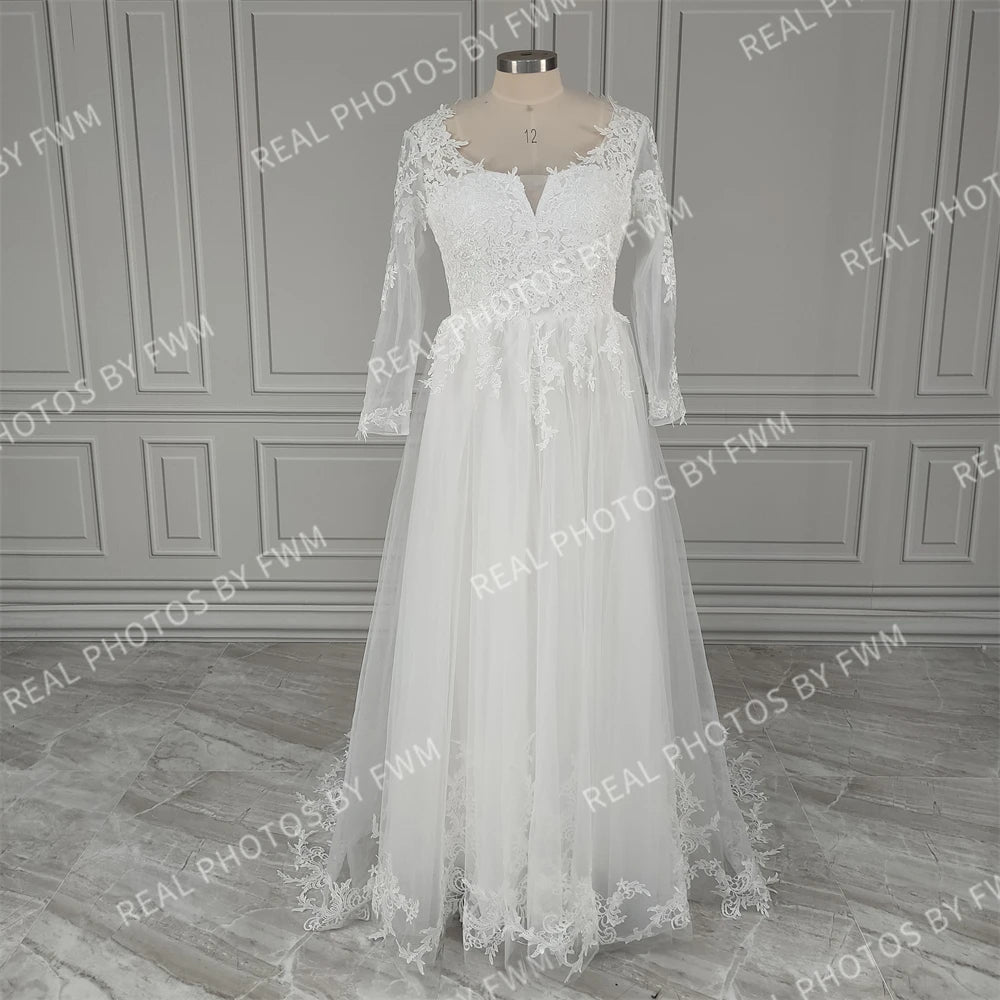 100% Real Photos Boho Boat Neck Long Sleeves Appliques Lace A-line Sweep Train Wedding Dress Illusion Back Bride Gown for Women