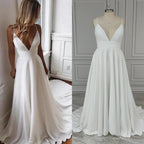 Real Photos Simple Spaghetti Straps V-neck A-line Chiffon Wedding Dress Beading Sequined Lace Backless Bride Gown for Women