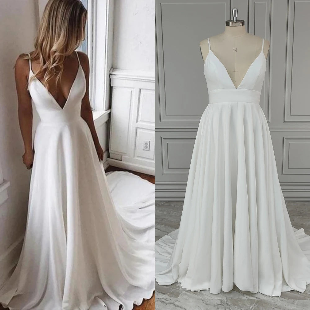 Real Photos Simple Spaghetti Straps V-neck A-line Chiffon Wedding Dress Beading Sequined Lace Backless Bride Gown for Women