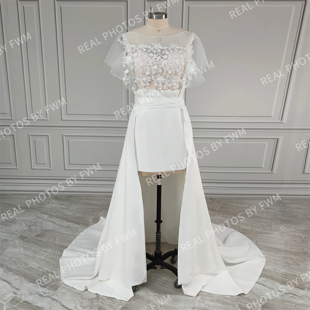 15464# Real Photos Simple Beach Short Sheath Low Back Appliques Lace Mini Wedding Dress Bridal Gown Prom Dress for Women